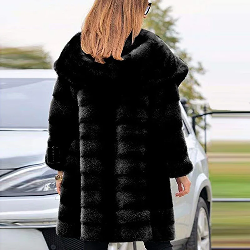 

2020 Warm Autumn Winter Faux Fur Hooded Long Coats Women Long Sleeve Velvet Plus Size Outwear Ladies Oversized Elegant Overcoat