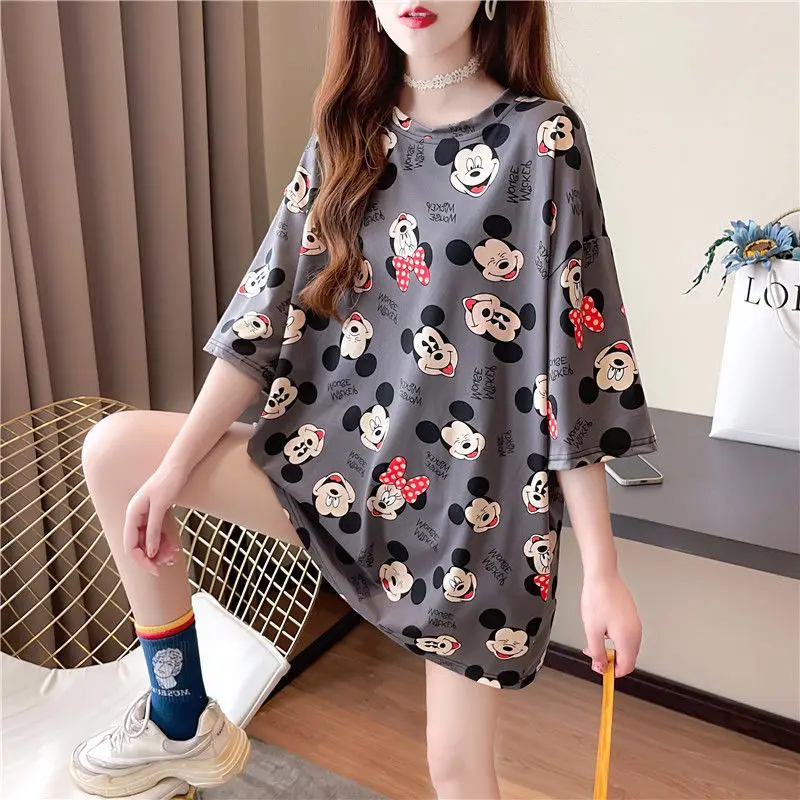 

Mickey Mouse T-Shirt Midi Dresses Short Sleeve Casual Women Summer Kawaii Beach Dress Cartoon Loose Vestidos Robe Femme Korean
