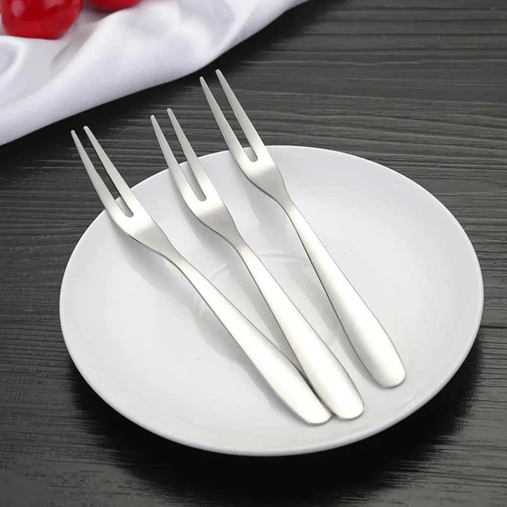 

10 шт. Стальная вилка для фруктов, креативная вилка с двумя зубьями, десертная вилка, бытовая портативная вилка для торта