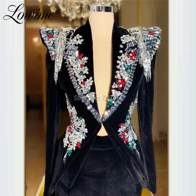 Черное бархатное вечернее платье с v-образным вырезом Длинные Кристаллы бисера