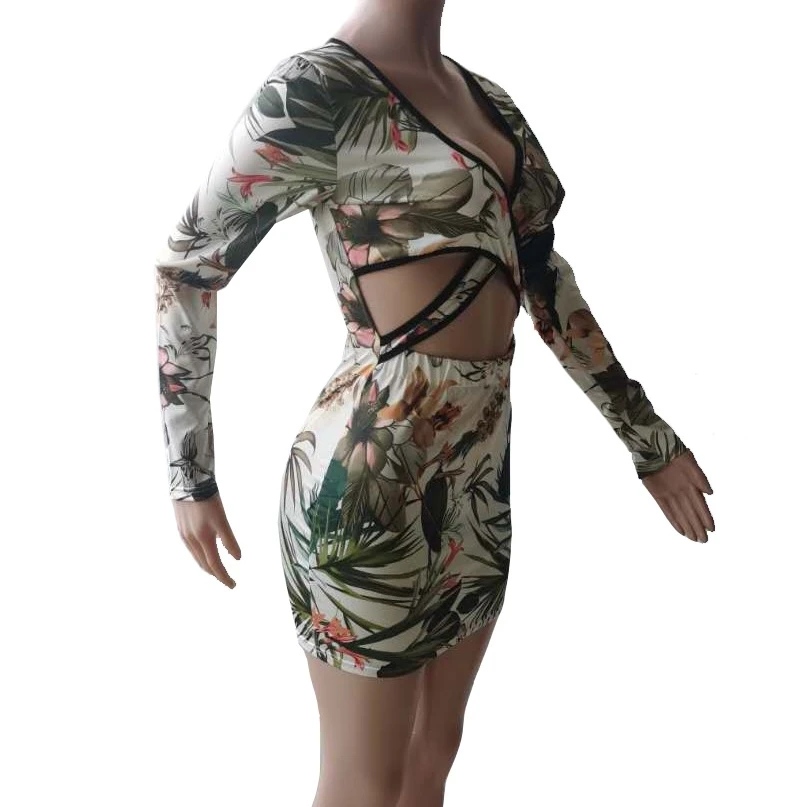 Глубокий v образный вырез крест печати Мини платье сексуальное облегающее с