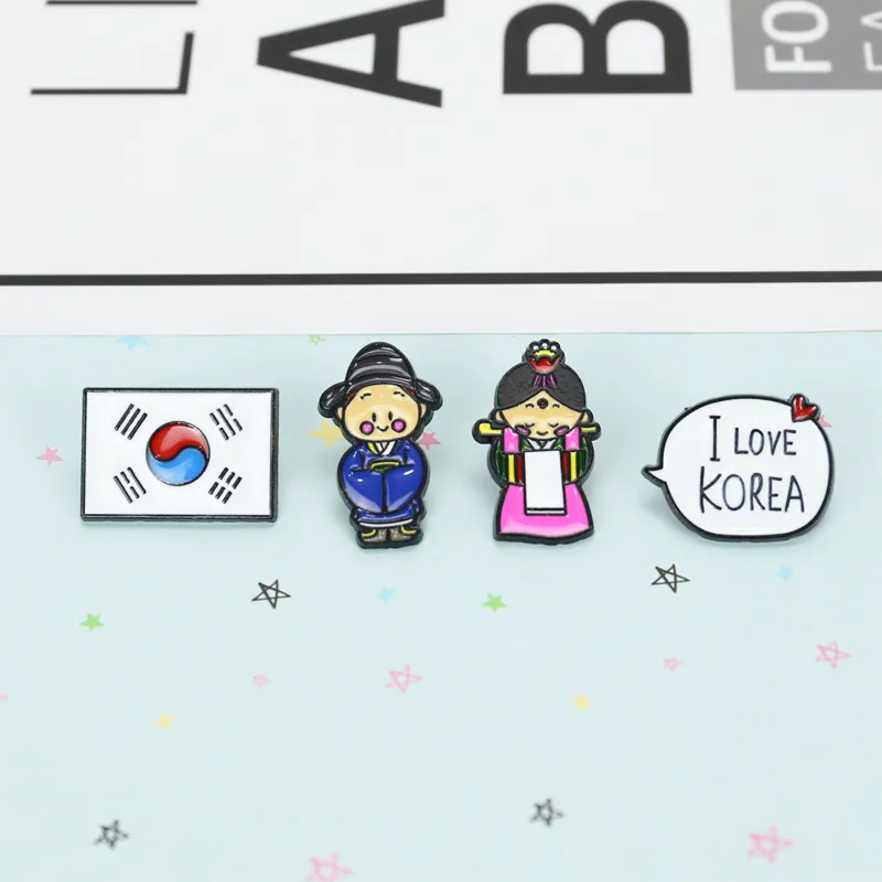 Мультфильм контакты в Корейском стиле ханбок с рисунком брошь виде флага пара