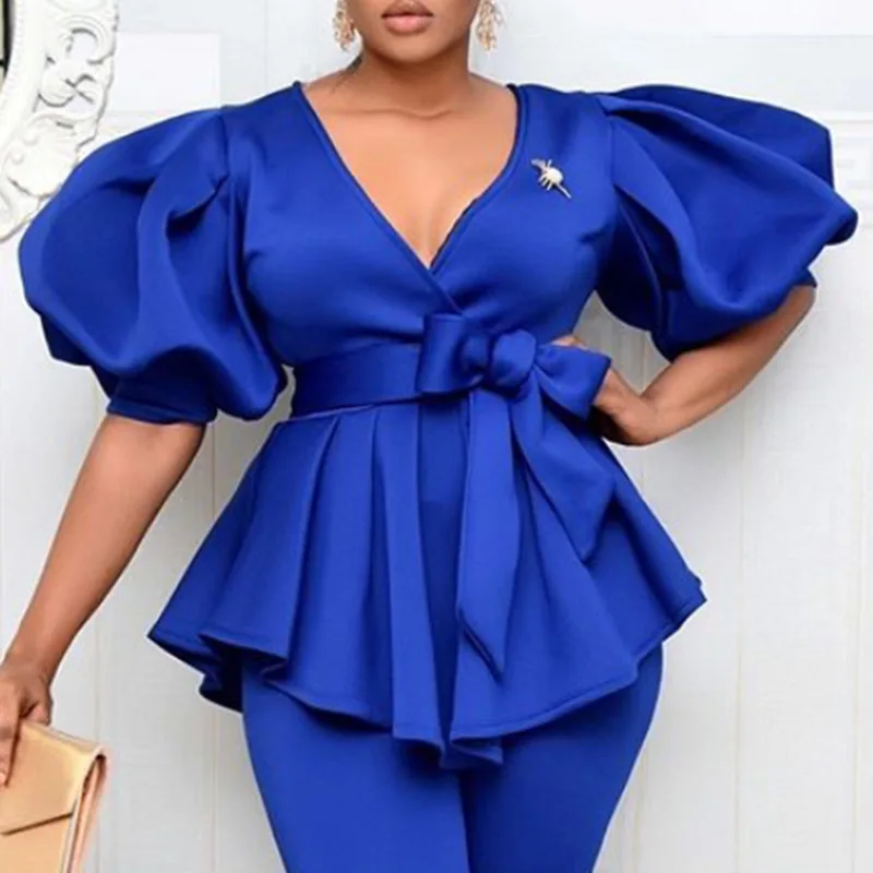 

GuyaWax Women Blouses V Neck Short Lantern Sleeve with Sashes Peplum Ruffles XXL Elegant Office Lady Work Shirt Female