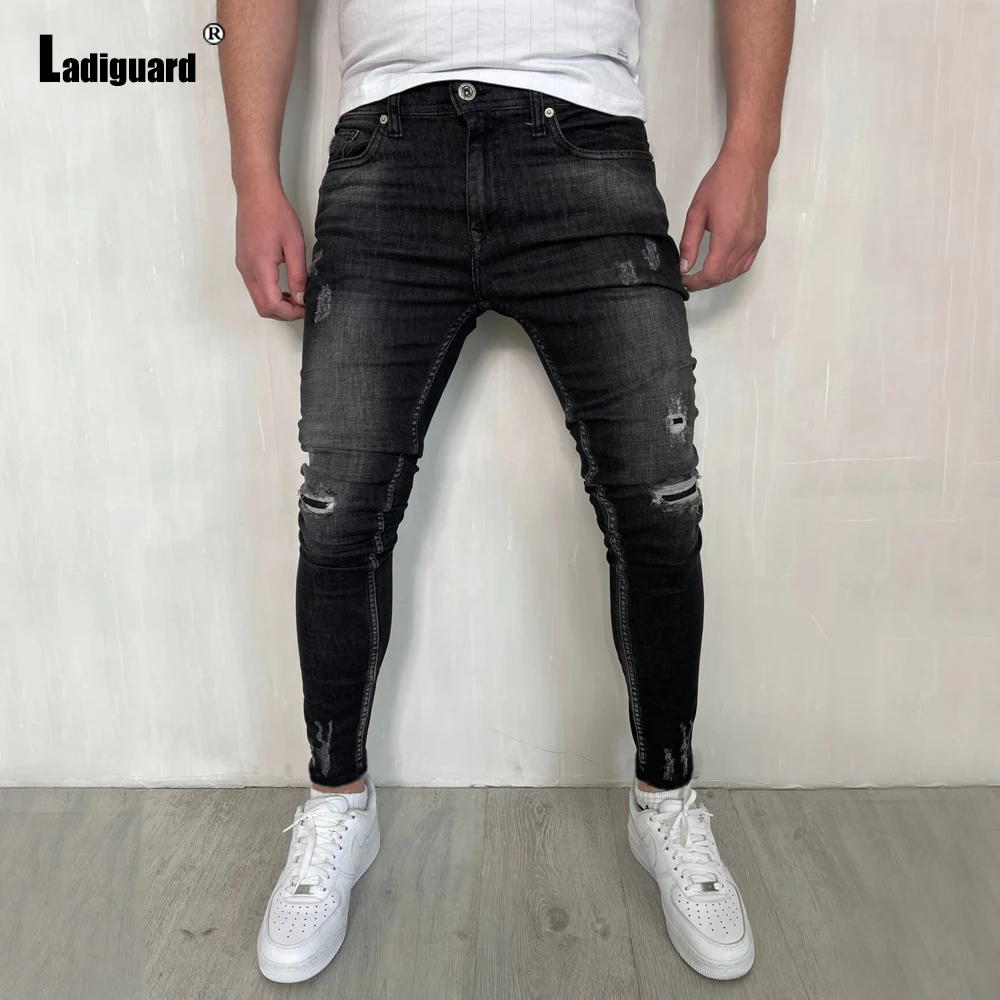 Ladiguard Plus Size 3xl Men Jeans 2022 Spring New Hole Ripped Pants Male Zipper Pocket Demin Pants Casual Spliced Demin Trousers