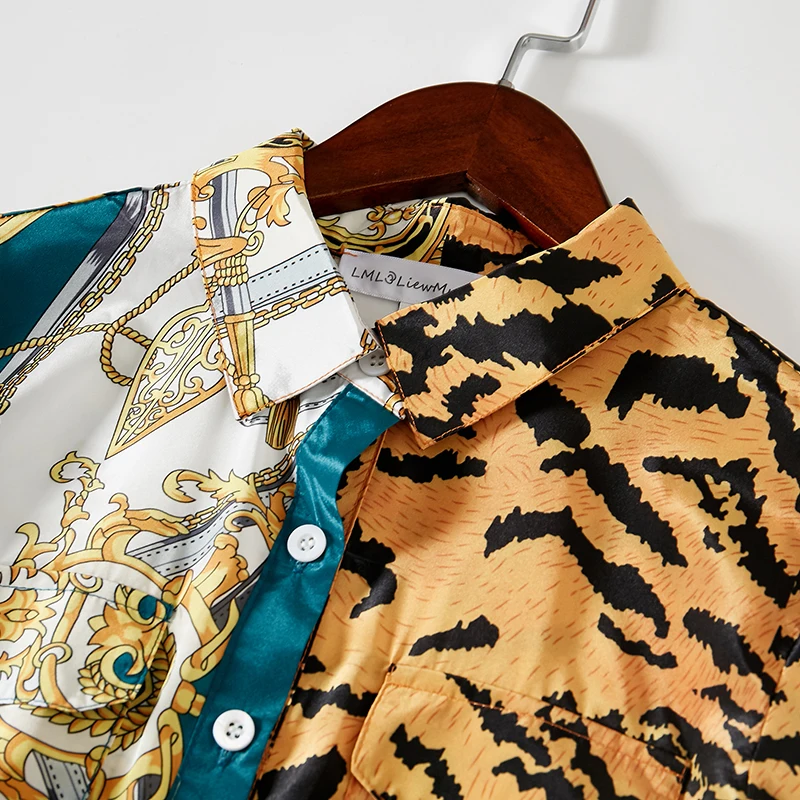 

New Patchwork Leopard Women Flower Print Dress Fashion Long Sleeve Turn-Down Collar Pleated Dresses M3909