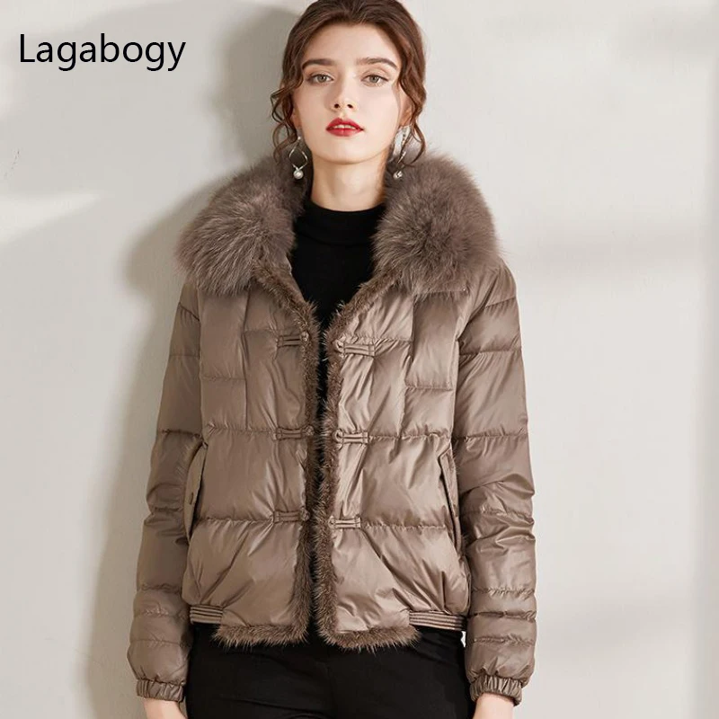 

Lagabogy 2022Real Fox Fur Collar Winter Women 90%White Duck Down Jacket Ladies Short Warm Puffer Coat Female Loose Vintage Parka