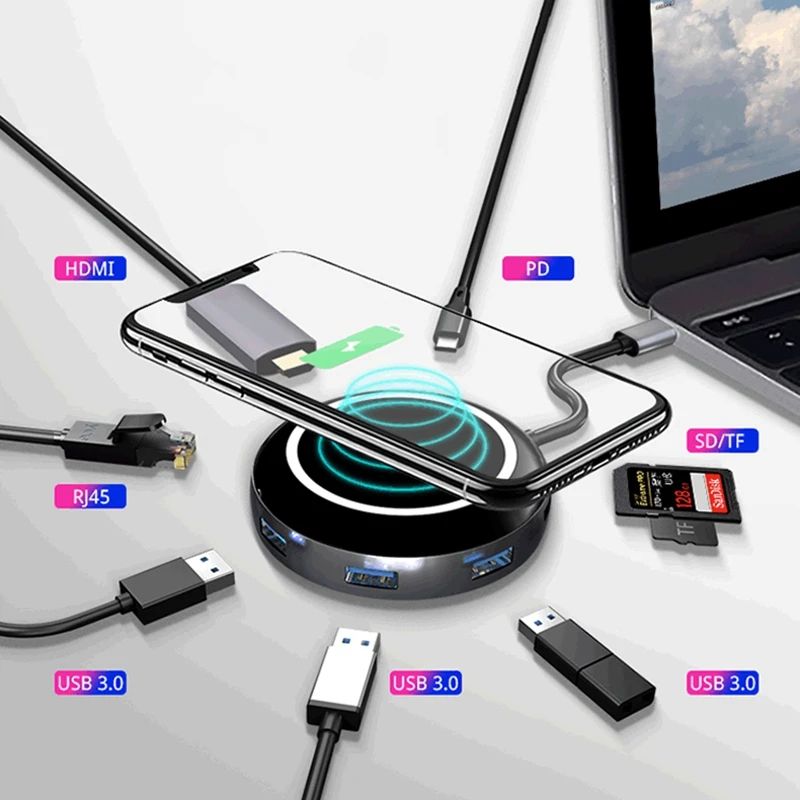 Многофункциональный usb-хаб адаптер 9 в 1 USB C концентратор гигабит RJ45 4K HDMI QI