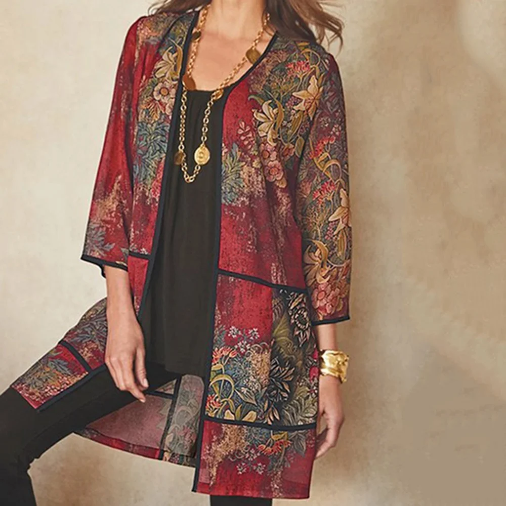 

Lugentolo Print Cape Coat Women Spring Summer Fashion 3/4 Sleeve Thin Open Stitch Capes