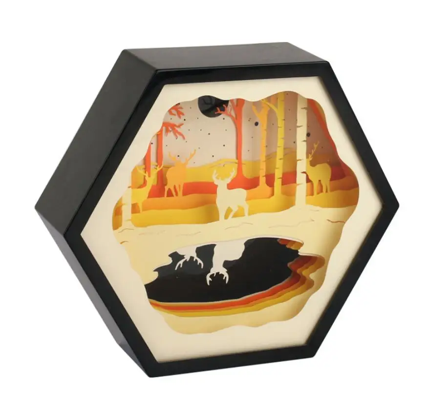 

USB christmas Elk 3D Paper carving Desk lamp Night light Frame For Home Office Wedding Decorate Birthday christmas Gift