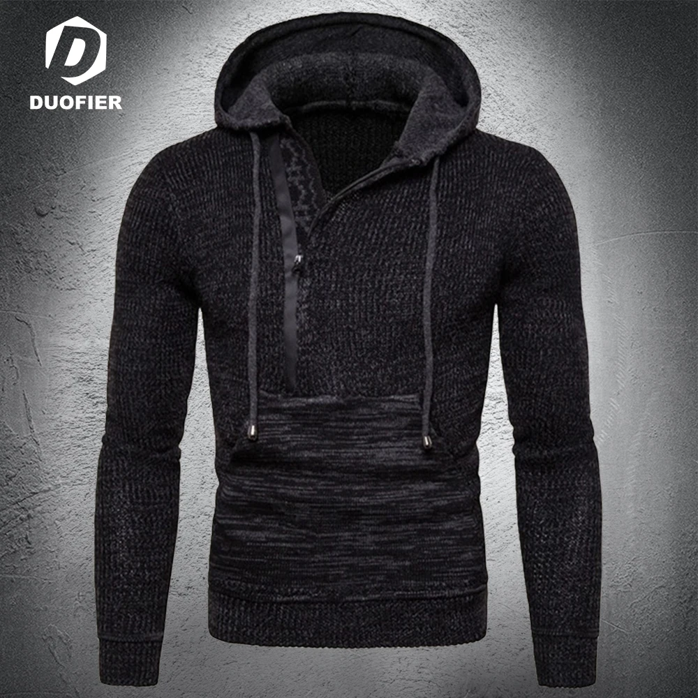 

Мужской зимний свитер с V-образным вырезом, плотный теплый жакет на молнии, шерстяной кардиган с капюшоном, джемперы, мужские однотонные вяз...