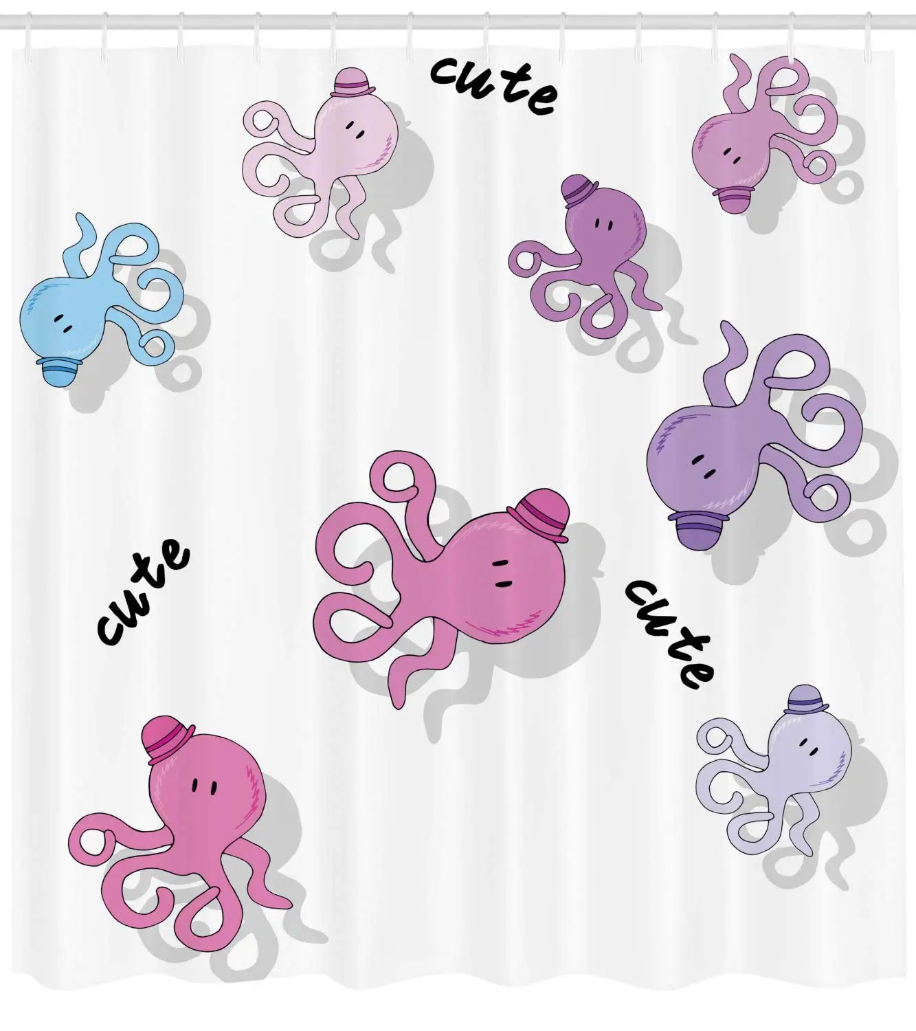 Feminine Shower Curtain Octopus Pattern Colorful Drop Shadow Cartoon Illustration Childish Print Bathroom Decor Set with Hooks | Дом и сад
