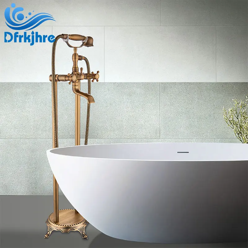 

Floor Mounted Bathtub Faucet Antique Brass Tub Sink Dual Handle With Handshower Bathroom Bath Shower Set Freestanding Mixer Tap