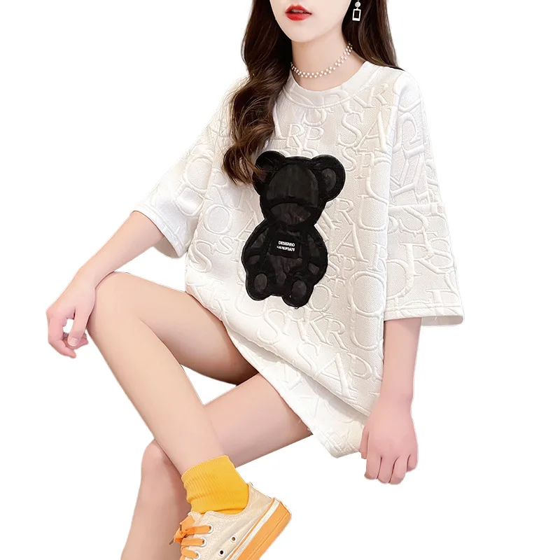 

2021 New Summer Women's Thin T-shirt Mid-length Bear Style Round Neck Short-sleeved Loose Printed Letter Bottoming Shirt Trend