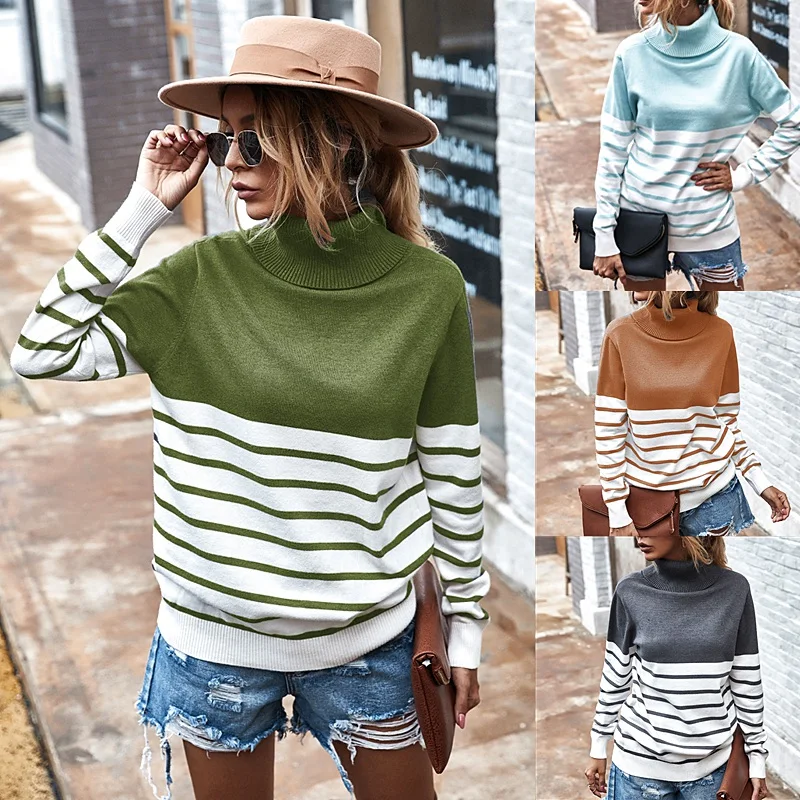 

Hot kf-Women Striped Turtleneck Winter Sweater Autumn Long Sleeve Casual Loose Knitted Pullovers