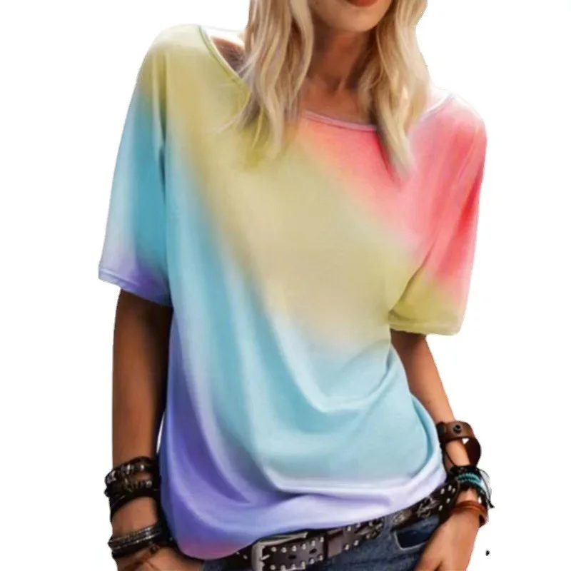 

2021 Summer Loose Casual Shirt Feather Pattern Pullover Printed T-shirt New Round Neck Off Shoulder Tops Retro