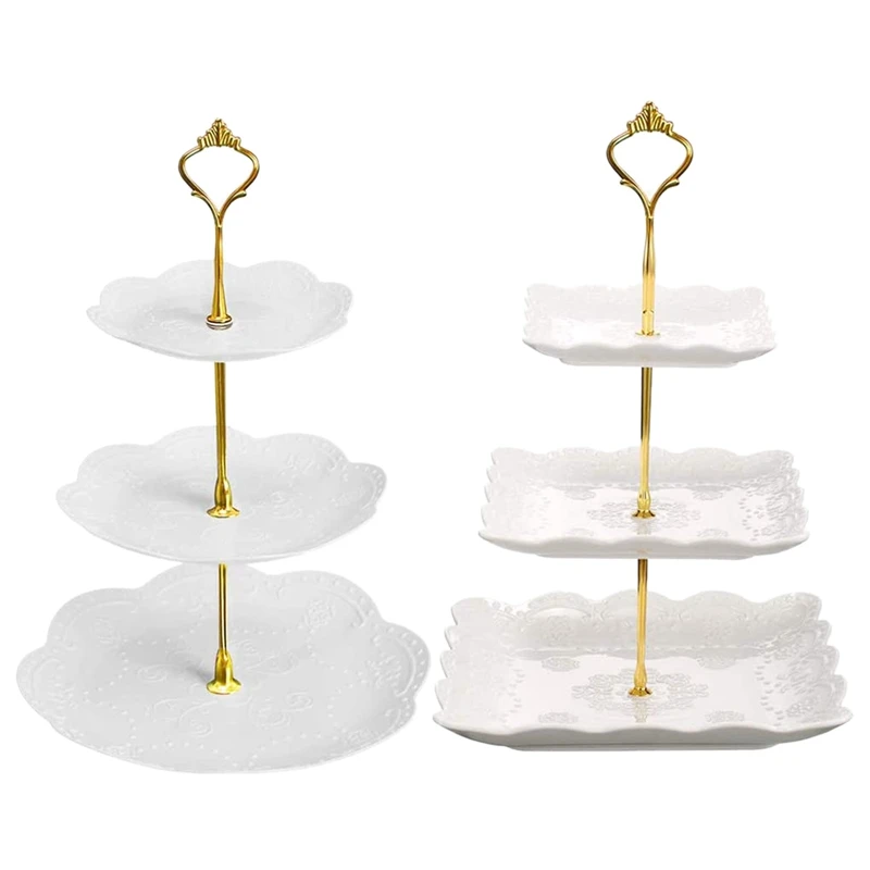 2pcs 3 Tier White Square&Round Cake Stand,Dessert Cookie Candy Fruit Tower Tray for Wedding Parties Home Decor
