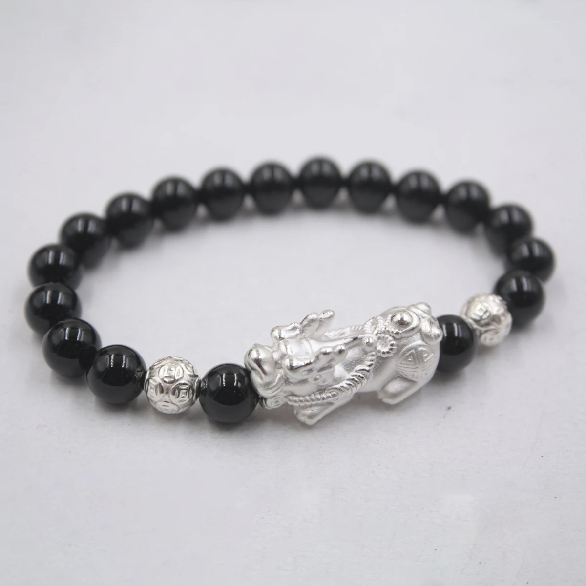 

925 Sterling Silver Bracelet Luck Bless Pixiu & 8mmW Black Agate Bead Link Bracelet Gift 6.7"L