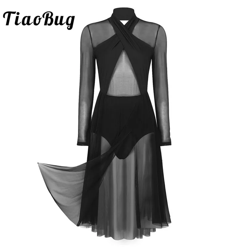 

TiaoBug Women Halter Long Sleeve Sheer Mesh Ballet Gymnastics Leotard Skating Dress Adult Contemporary Lyrical Dance Costumes