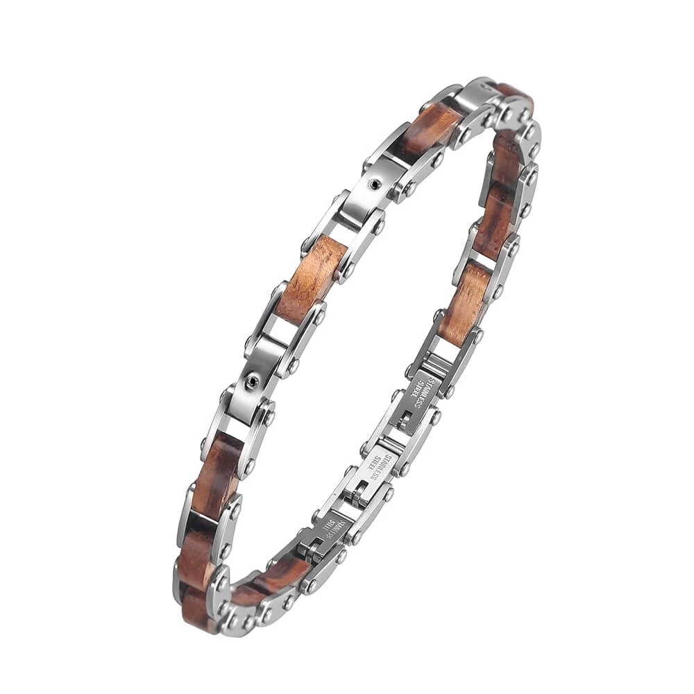 

Runda Men Wood Bracelet Adjustable Size Stainless Steel Link Chain Handmade Good Luck Men's Charm Jewelry