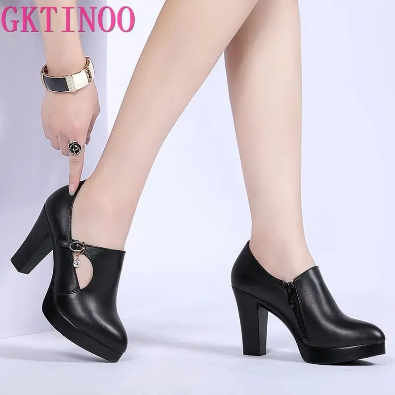 Весенне осенняя женская обувь модная из натуральной кожи на высоком толстом