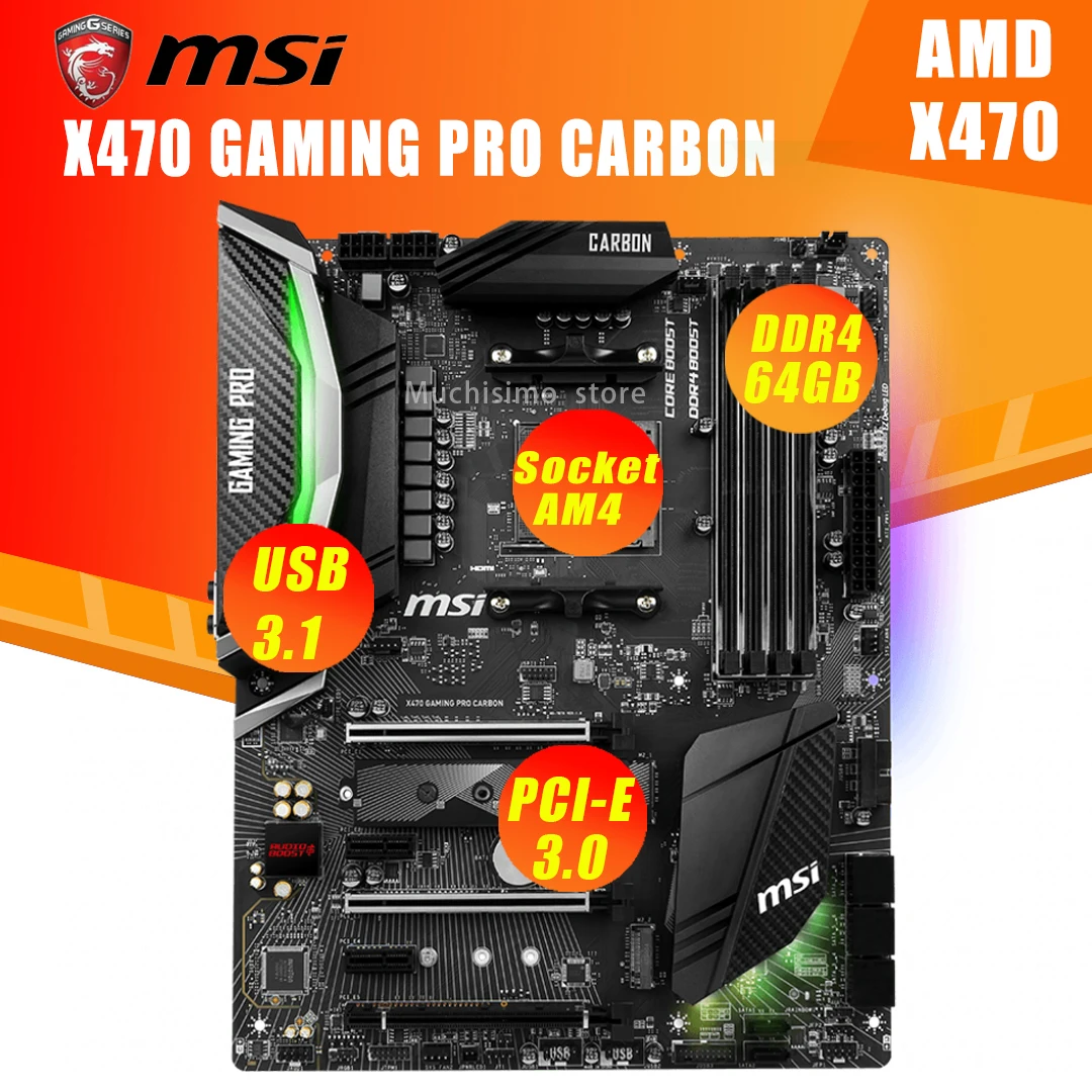 Bestellen Buchse AM4 MSI X470 GAMING PRO CARBON Motherboard DDR4 64GB PCI-E 3,0 M.2 SATA USB 3,1 HIFI Desktop X470 Placa-Mãe AM4 ATX