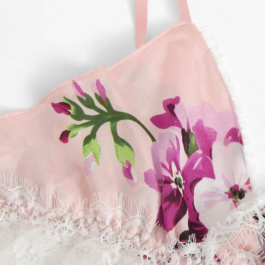 

Women Pajamas Sexy Lace Satin Trim Floral Sleepwear Babydoll silk Nightwear Ladies Sexy Bra Set Elegant Lingerie Set Summer A50