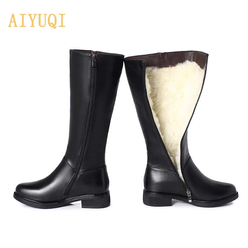 BIACK WOOL AIYUQI; Новинка года; женские зимние сапоги из натуральной кожи; большие размеры 41, 42, 43; шерстяные высокие сапоги; женские сапоги для верховой езды на молнии - Цвет: BIACK WOOL