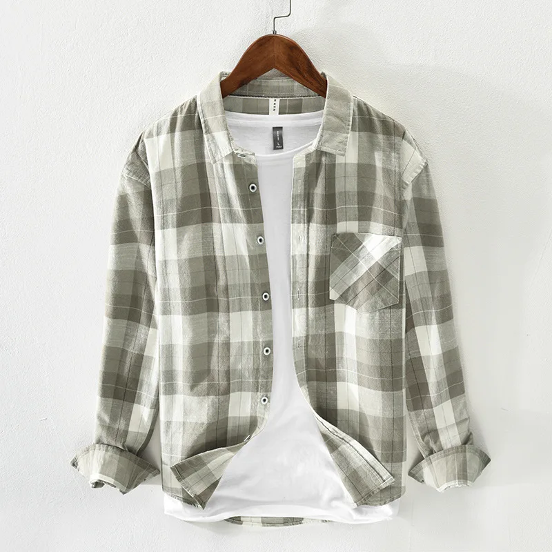 

CS2123 Plaid Shirt Men Summer New Japanese Style Fresh Cotton Linen Casual Square Collar Long Sleeve Thin Pocket Decoration Tops