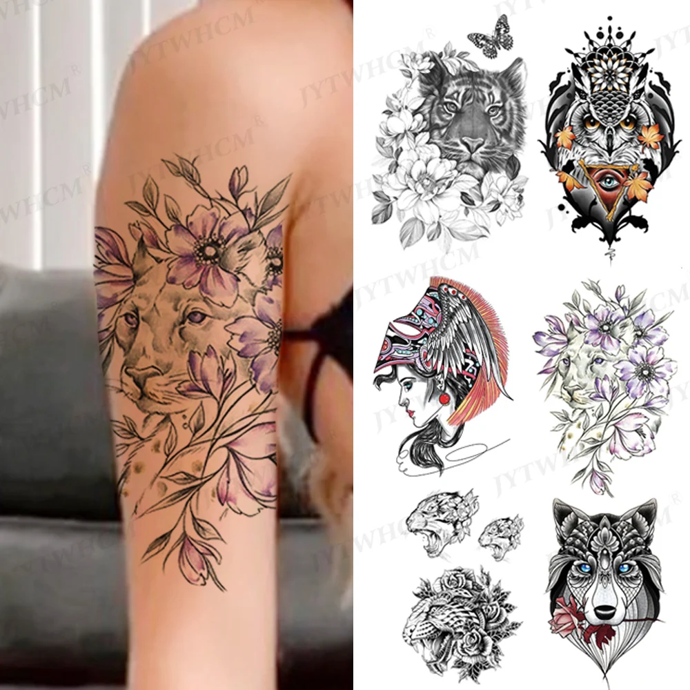 

Flower Leopard Temporary Tattoo Black Stickers Small Print Sticker Wolf Rose Body Art Half Arm Hand Girl Women Fake Big Tattoos