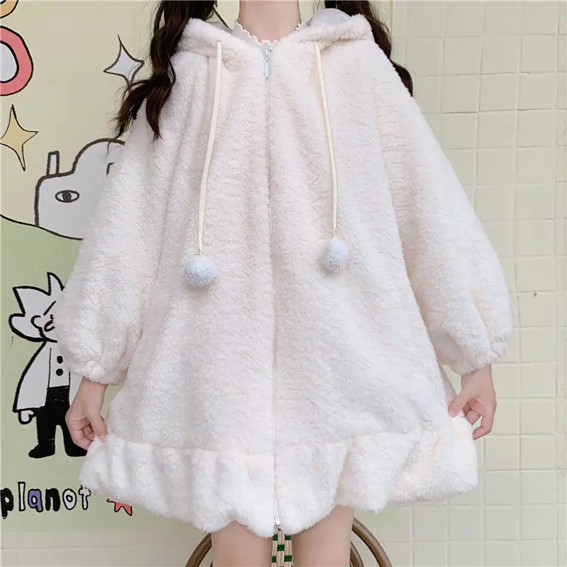 

Women Cute Bunny Ear Hoodie Adults Fuzzy Fluffy Long Sleeve Sweatshirt with/without Pom Poms