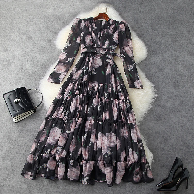 

2021 New Spring Girl Flowers Chiffon Printing Dress Princess Casual V-neck Women Long Sleeve on Vacation Summer Party Dresses