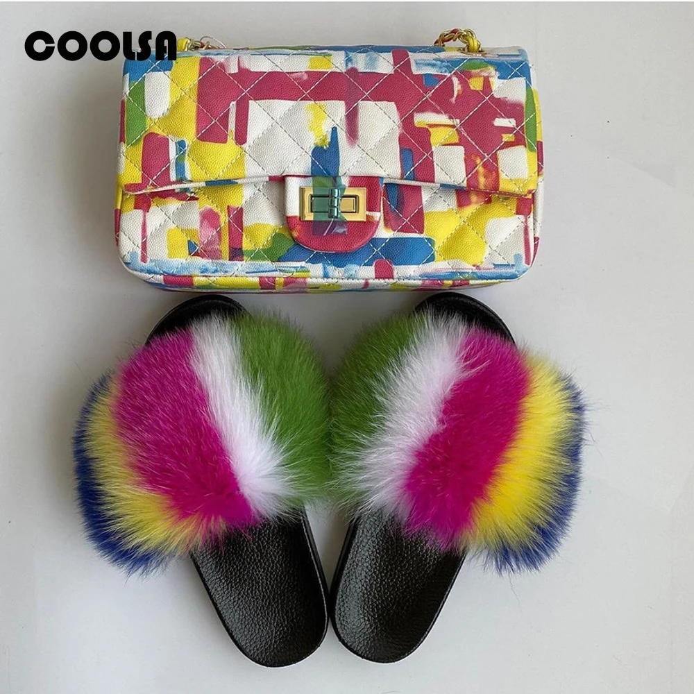 Женские меховые тапочки Комплект с сумкой Пушистые Шлепанцы из натурального