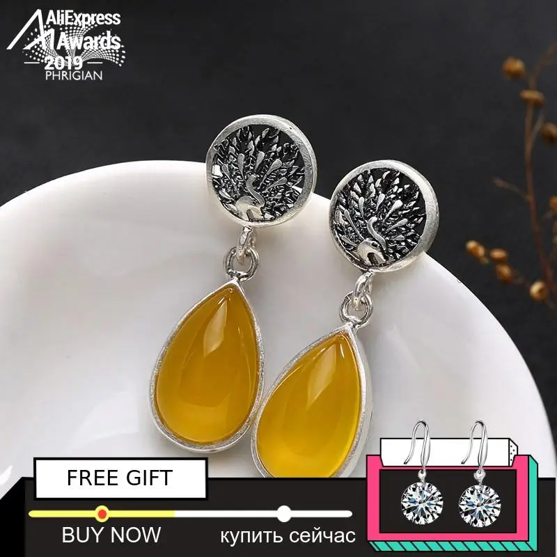 NOT FAKE S925 Fine Poland Earrings 925 Sterling Silver Women Antique shop noble Nature Retro Exquisite citrine Amber life tree