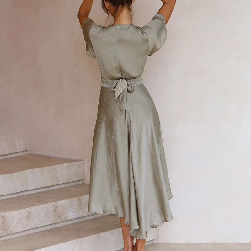 Ardm Sexy V Cou платьел етнее2021 Évider Robes En Satin Vintage Volantée À Lacets Manches Pétales L'asymétrie Fête Maxi Robe