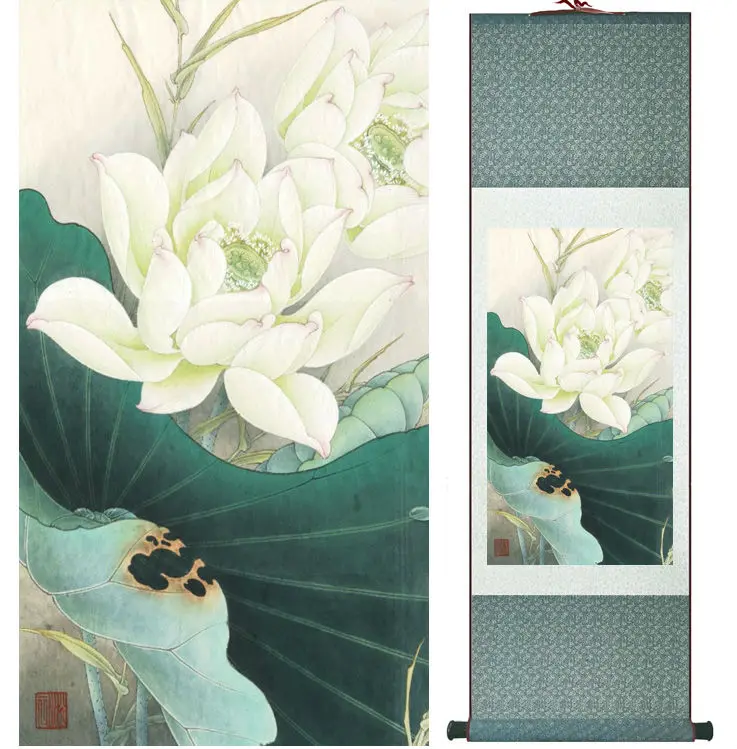 

Lotus flower silk scroll painting traditional birds and flower painting Chinese wash painting home decoration No.32003