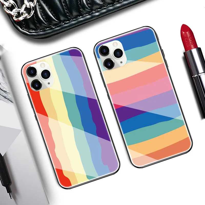 

For Samsung Galaxy s20 Pro s10 Lite A2 A01 core Case Rainbow Stripes Hard Glass Cover For Samsung S10e S20 Ultra s9 s8 Plus
