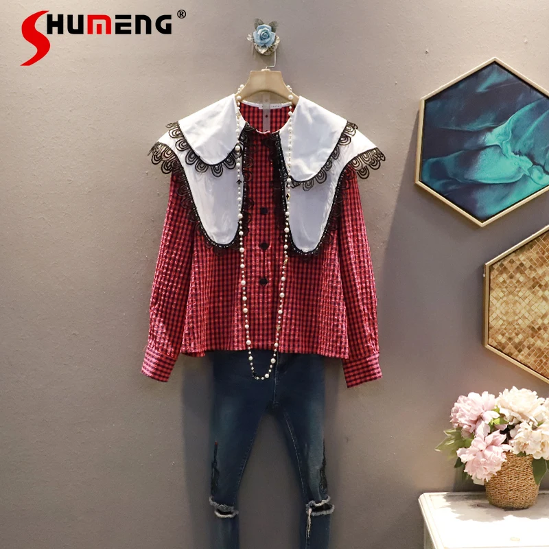 

Рубашка женская в рубчик, милый свитер в клетку, в Корейском стиле, свободная двухслойная сорочка с воротником, большие размеры, красная блу...