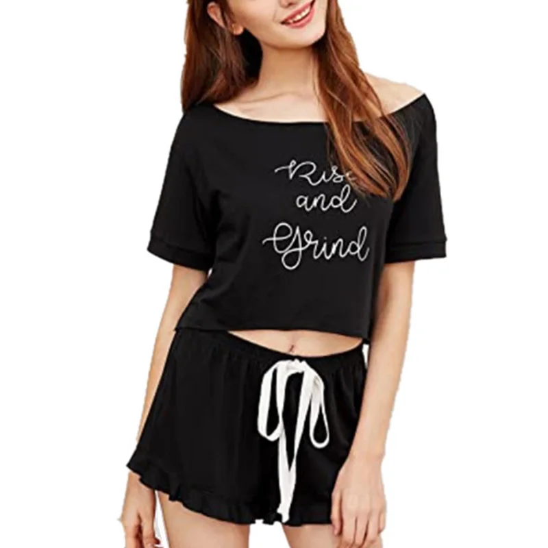 

2022 Women's Sleepwear Letter Print Short Set Pajamas for Women Pajama Set Sweet Short Sleeve T Shirts & Shorts Summer Pijama