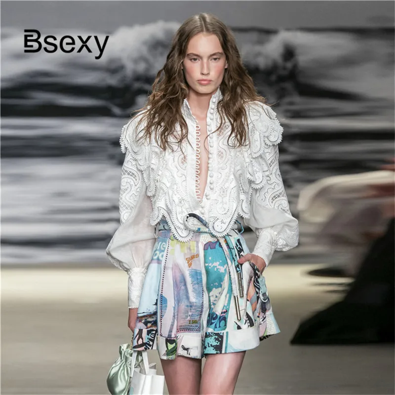 Подиумная дизайнерская белая блузка 2019 роскошная винтажная кружевная с