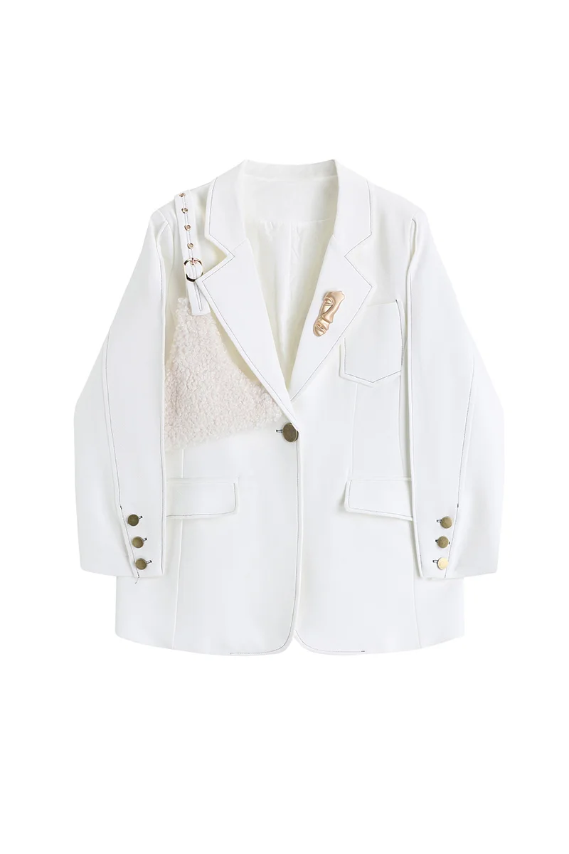 

SuperAen Wool Suit Jacket 2021 Retro Solid Slim Single Breasted Notched Thickened Top Fashion Women Blazers