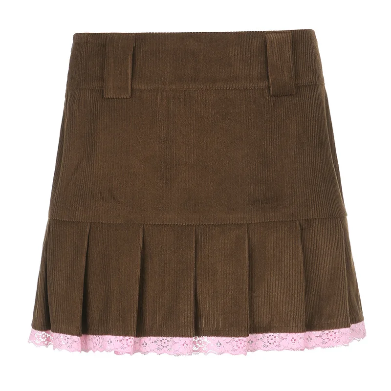 

Women Casual Sexy Skirt Corduroy Skirt Autumn Fashion Flounce Stitching High Waist Lace Pleated Mini Skirt Streetwear