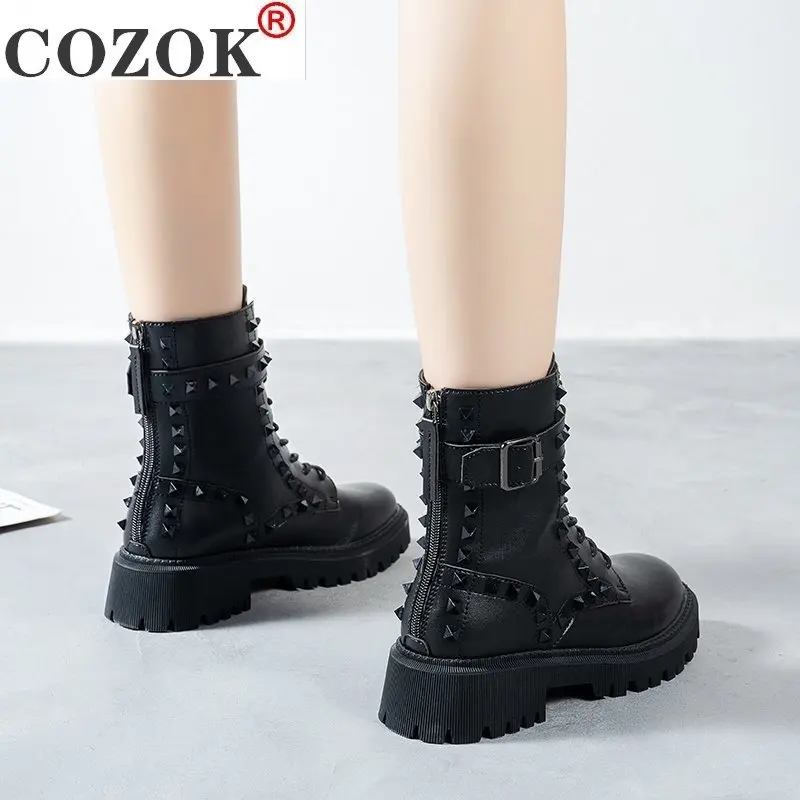

COZOK 2021 Women's Fashion Autumn Winter Thick Bottom Casual Boots Wedge Women's Comfortable Round Toe Lace Solid Women Boots
