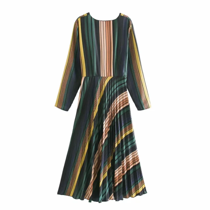 Женское стильное платье миди в полоску с v-образным вырезом и длинным рукавом на