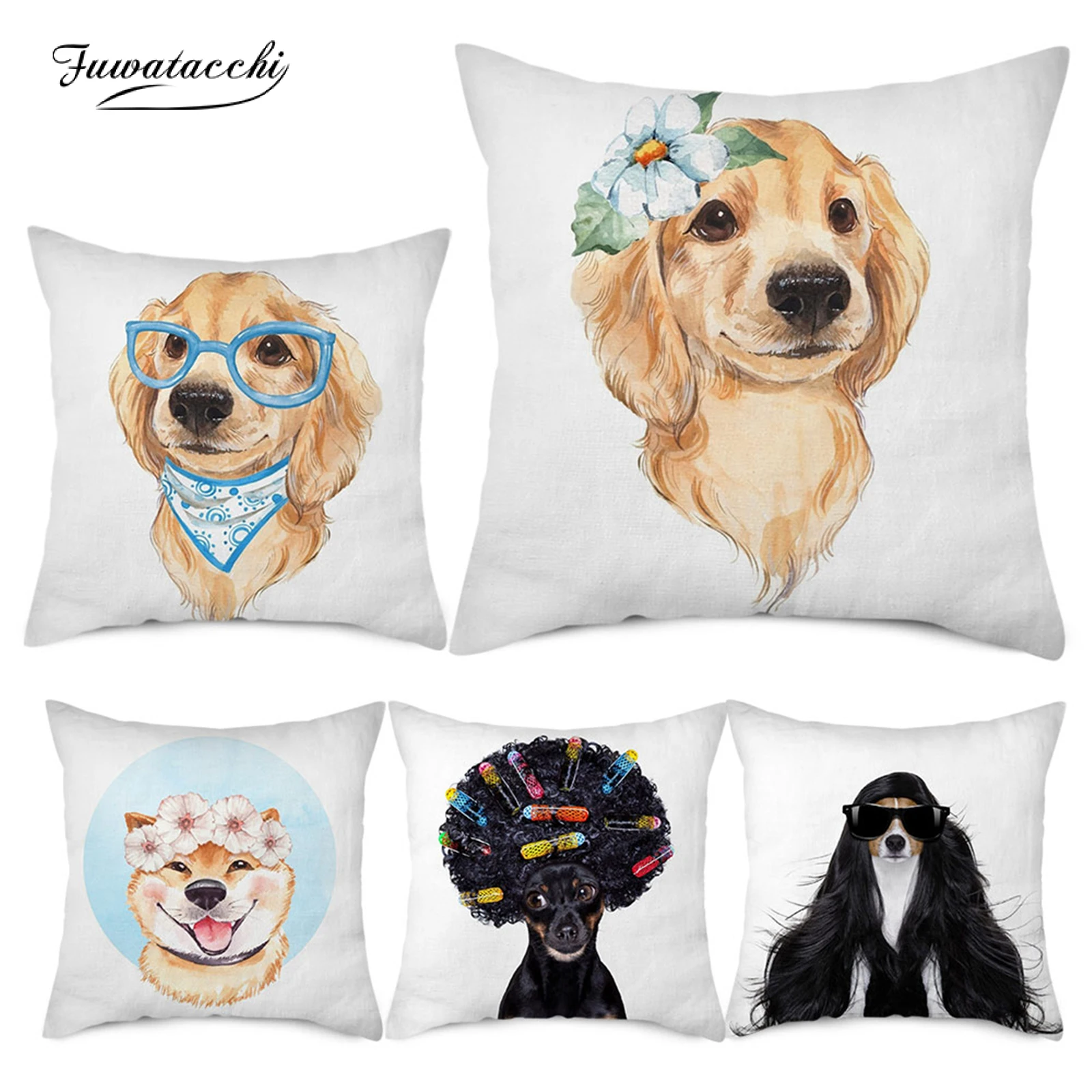 

Fuwatacchi Cute Dog Pillowcase Cartoon Animals Cushion Cover 45*45 Short Plush Pillow Cover Sofa Car Home Decor Room Decoration