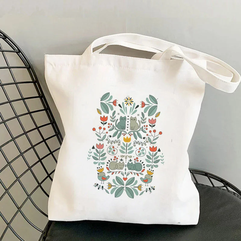 

2021 сумка-шоппер с шведским фольклорным принтом кошки, женская сумка-тоут в стиле Харадзюку, Женская холщовая сумка-шоппер на плечо