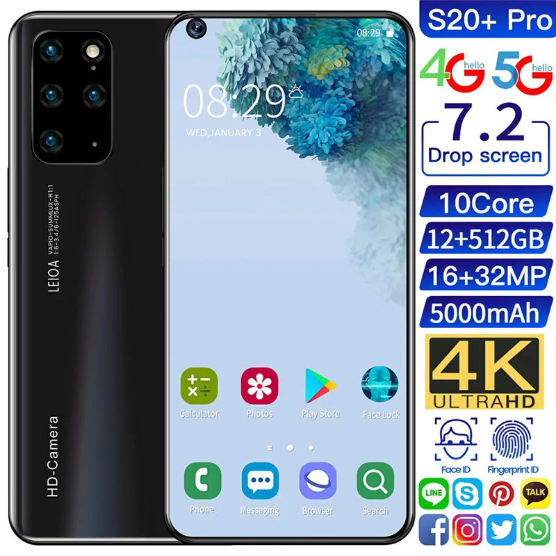 Global Version Smartphone Galay S20+ Pro Ultra 7.2 Inch Unlock 4G 5G Telephone Android 10.0 16MP+32MP 12GB+512GB Mobile Phones
