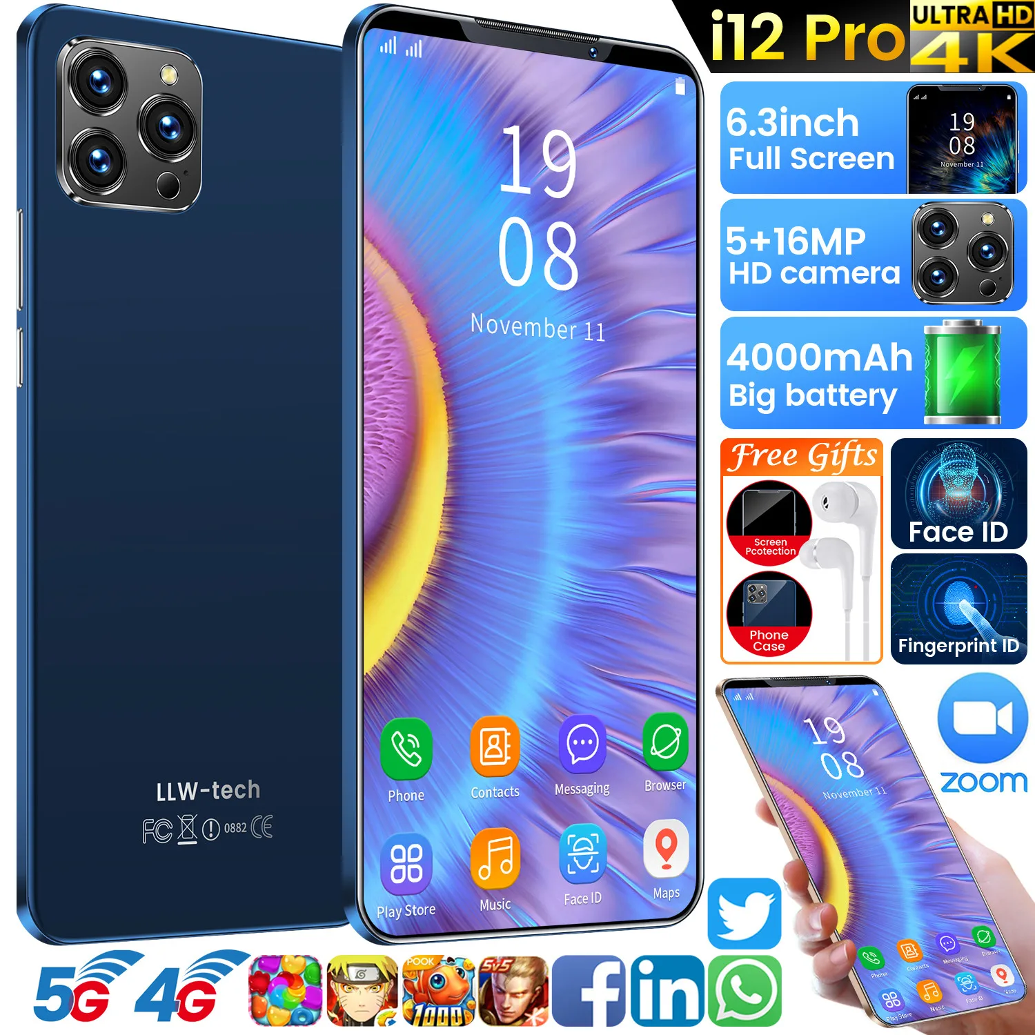 

i12 Pro 6.3Inch 8+128GB 5+16MP 4000mAh Dual SIM Deca Core Andriod 10 MTK6595 Mobile Phones Face Recognition Unlock Smartphones