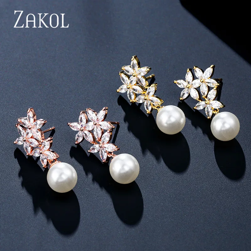 ZAKOL модные серьги белого цвета с фианитами и искусственным жемчугом серьги-капли