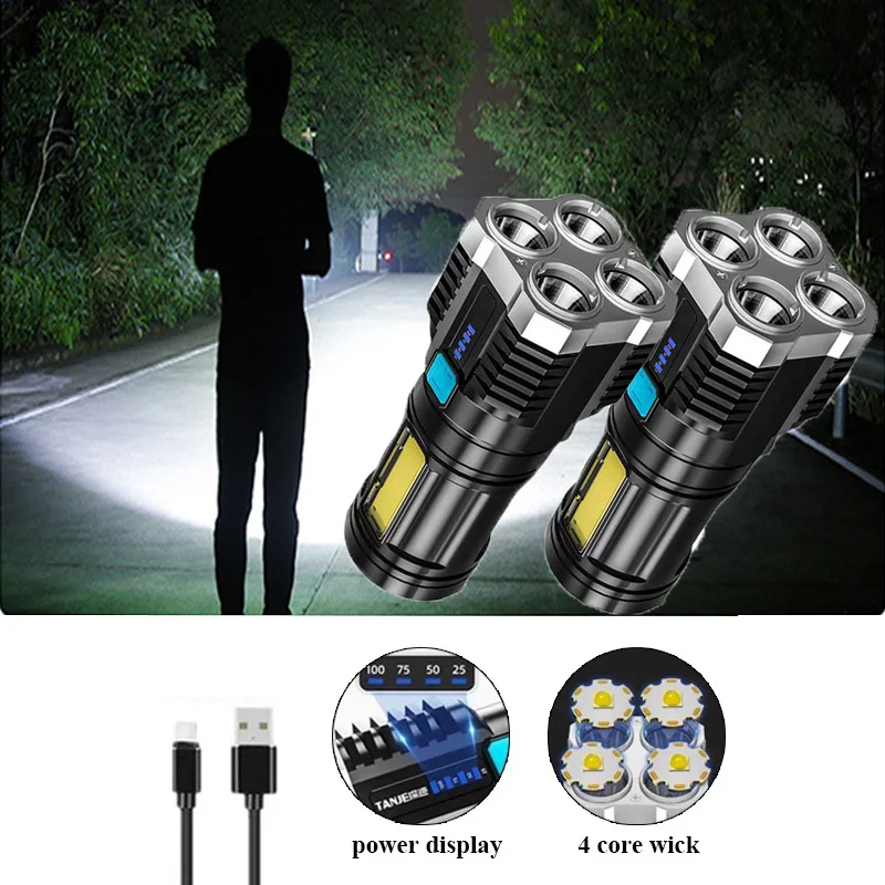

2PCS Strong Flashlight Led COB Flashlight USB Rechargeable with Portable Light Power Display Portable Lantern