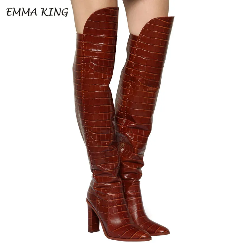 Microfiber 10 Emma king/женские зимние ботинки с узором «крокодиловая кожа» пикантные ботфорты с острым носком модная женская обувь на каблуке, большой размер 43 - Цвет: Microfiber 10